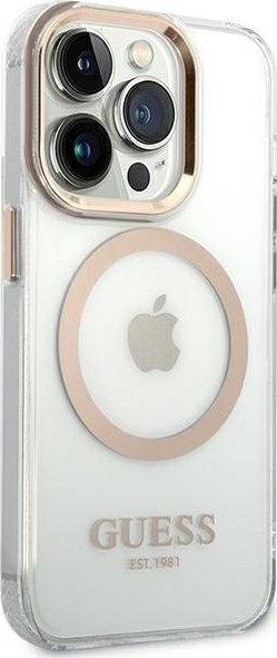 Kapak telefoni Guess GUHMP14LHTRMD për iPhone 14 Pro 6.1", Metal Outline, MagSafe, plastik i tejdukshëm me ngjyrë ari