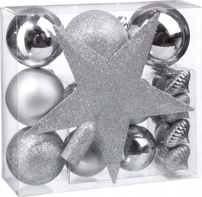 Set zbukurimesh për pemë FEERIC LIGHTS &amp; CHRISTMAS, 18 toptha dhe yll, argjend