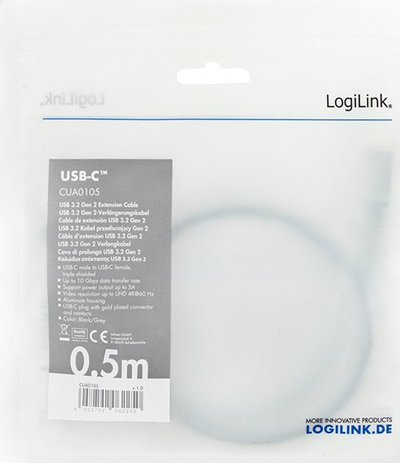 Kabllo USB LogiLink CUA0105, USB C në USB C, 0.5 m, USB 3.2 Gen 2, e zezë gri