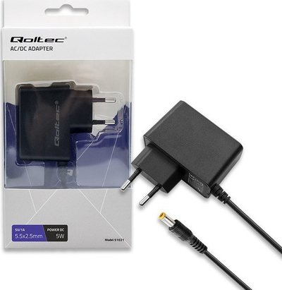 Karikues prizë Qoltec Plug in, 5W 5V 1A, prizë 5.5x2.5mm, i zi