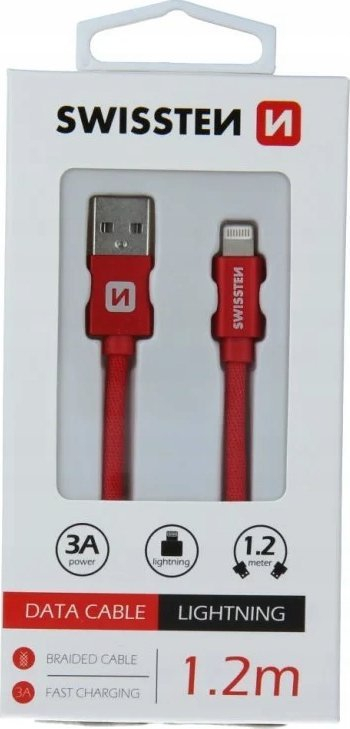 Kabllo USB Lightning Swissten Textile 71523206, 1.2m, 3A, e kuqe