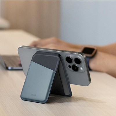 Portofol magnetik Uniq Lyden DS, RFID, me mbajtës telefoni, gri me të zezë