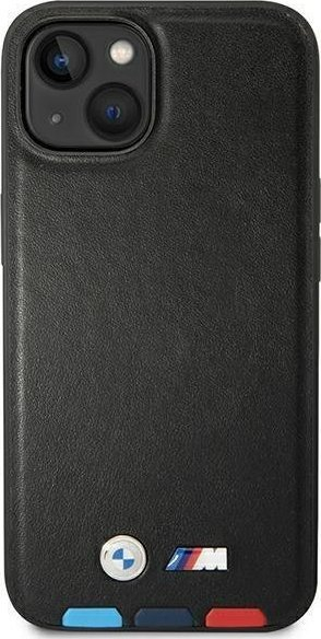 Kapak telefoni BMW Leather Stamp Tricolor për iPhone 14 Plus 6.7", lëkurë, i zi
