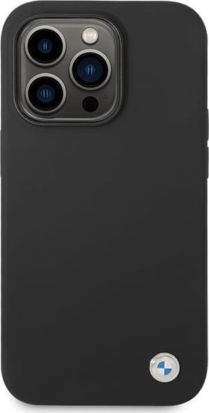 Футрола за телефон BMW Metal Logo за iPhone 15 Pro, силиконска, со метално лого, црна