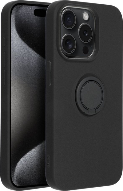 Mbrojtëse telefoni Silicone Ring Case për iPhone 15 Pro, silikon, me unazë, e zezë