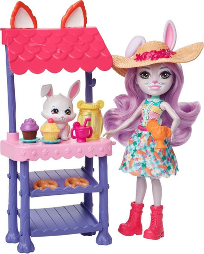 Set lodrash Mattel Enchantimals Bunny Market, kukull 15 cm, mbi 35 gjëra brenda, me shumë ngjyra