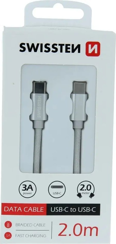 Kabllo të dhënash Swissten USB C në USB C, me stof, 2m, e zezë