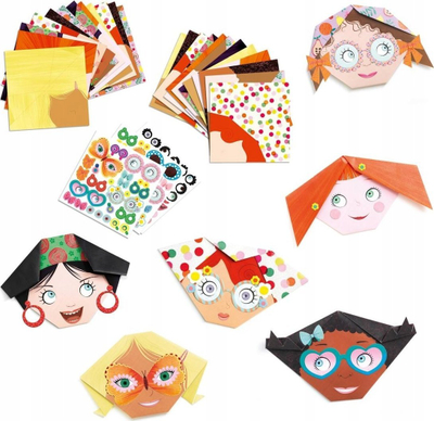 Set origami Djeco Pretty Faces, 24 fletë, me ngjitësa, shumëngjyrësh
