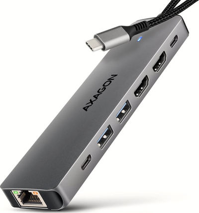 USB hub AXAGON HMC-7HX2, 2x USB-A, 2x HDMI 4K, Power Delivery 100 W, ngjyrë argjendtë