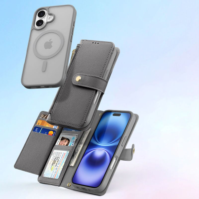 Куќиште-паричник DUX DUCIS Lawa за iPhone 16, 2 во 1, MagSafe, сиво