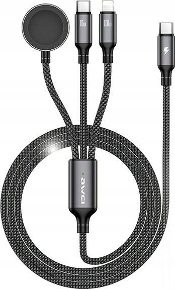 Kabllo karikimi 3 në 1 Awei W23, USB‑C Lightning Apple Watch, 120 cm, e zezë