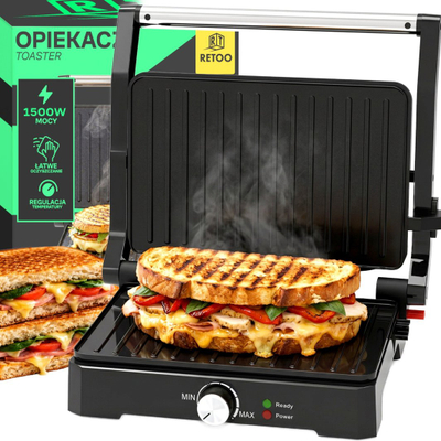 Grill elektrik për sanduiçë Retoo OR1332, 1500W, pllaka 180°, i zi