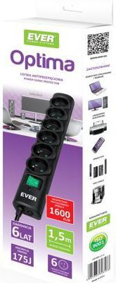 Kabllo vazhdues Ever Optima anti-surge 6 priza, 1.5 m, (T / LZ08-OPT015 / 0000), e zezë