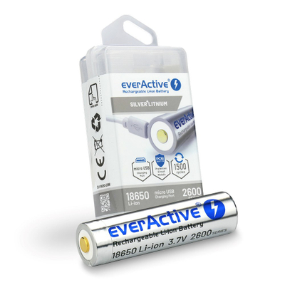 Bateri rikarikuese everActive 18650 Silver Lithium, 2600mAh, 3.7V Li ion, argjendtë