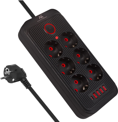 Prizë zgjatëse Maclean, 6 vrima, 4 porta USB, 110-240V, e bardhë