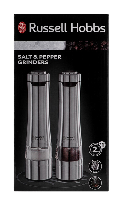 Set mulli elektrik për kripë dhe piper Russell Hobbs 23460-56, me bateri, çelik inox, argjendtë
