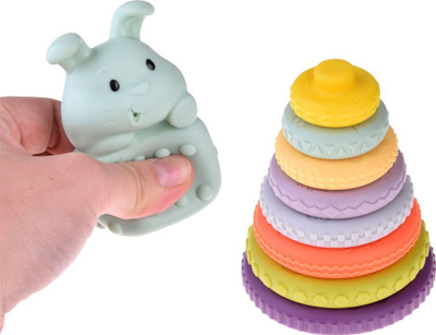 Lodër piramidë sensorike Baby Toys, unaza silikoni, 6m+, shumëngjyrëshe