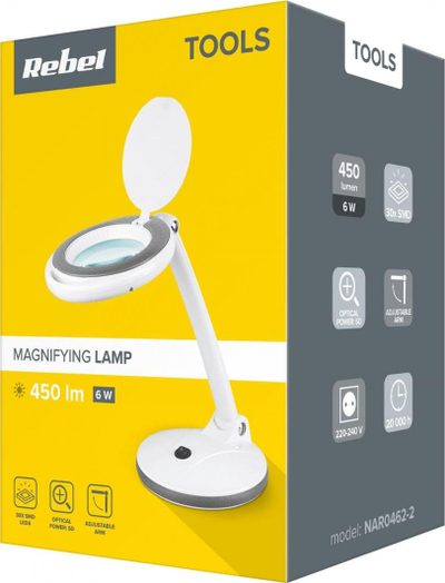 Lampë tavoline me lupë Rebel Tools NAR0462-2, 30 LED, 6W, e bardhë