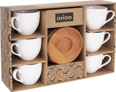 Set filxhanësh Orion, porcelani 120 ml, pjatëza bambuje, 6 copë, të bardha