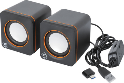 Altoparlantë Manhattan 2600 Series, 2x3W, USB me adapter USB C, të zinj me portokalli