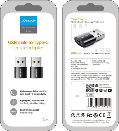 Adapter USB JoyRoom S-H152, USB A në USB C, set 2 copë, i zi