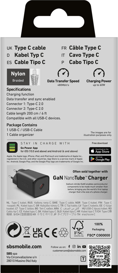 Kabllo USB C SBS TECABLETISSUE2G, 60W, 2m, gri