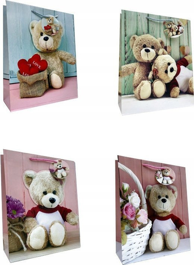 Qese dhuratash JU-PITER Teddy Bear, me dorezë litari, shumëngjyrëshe