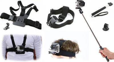Set aksesorësh Xrec 3 në 1 për GoPro, shkop teleskopik 110 cm, rrip koke edhe mbajtëse gjoksi, i zi