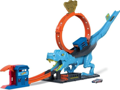 Set lojë Hot Wheels City T Rex Chomp Down, pistë garash, për fëmijë, shumëngjyrëshe
