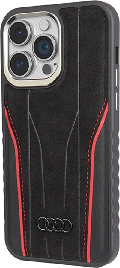 Kapak telefoni Audi Genuine Leather, për iPhone 15 Pro 6.1, me MagSafe, i zi me t’kuqe
