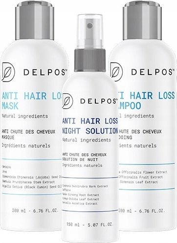 Set kundra rënies së flokëve Delpos Anti Hair Loss, shampo, maskë edhe solucion nate, për kokë të ndjeshme, i bardhë