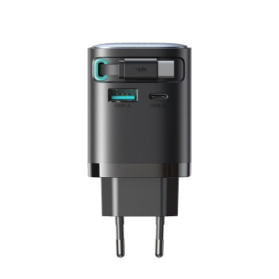 Karikues muri Joyroom TCL02 GaN, 65W, me kabllo USB‑C tërheqëse, i zi
