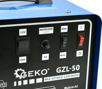 Ngarkues baterie makinash Geko GZL-50 G80039, 12V 24V, deri 400Ah, metalik