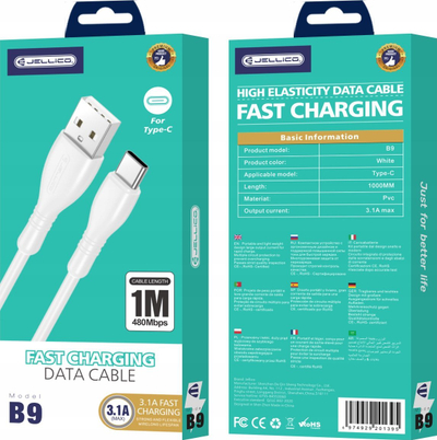Kabëll karikimi JELLICO B9, USB në USB C, 3.1A 1m, i bardhë