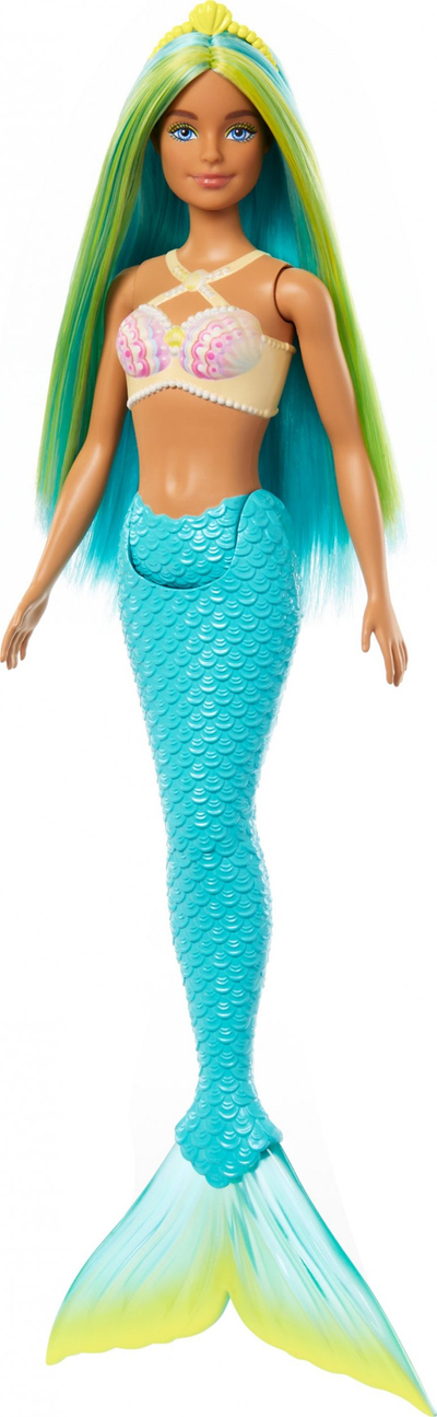 Kukull sirenë Barbie Mermaid, flokë blu dhe të verdha, bisht turkez, me aksesor në kokë