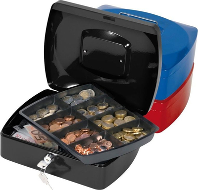 Kuti parash Q-Connect Cash Box 10", metalike, me çelës, blu