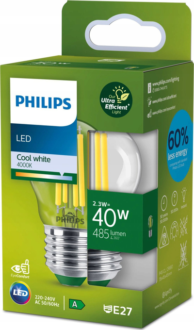 Llampë LED Philips G45 E27, 2.3W 485lm, 4000K, transparente