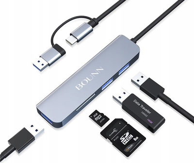 HUB USB Bounn 5w2, USB Type C, USB 3.0, USB 2.0, SD TF, gri