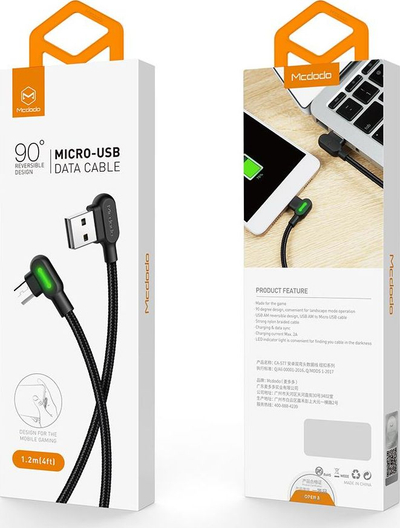 Kabllo USB në Micro USB Mcdodo CA-5771, me kënd 90°, me dritë LED, i zi