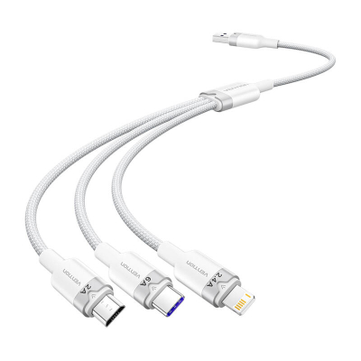 Kabllo karikimi Vention 3 në 1, USB 2.0 në USB C Lightning Micro USB, 6A 1.5m, e bardhë