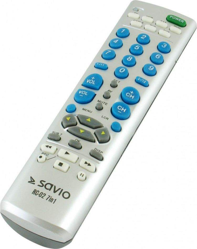 Telekomandë universale Savio RC-02 7 në 1, me rreze infra të kuqe, për TV dhe DVD Blu-ray, ngjyrë argjendtë