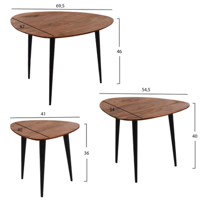 Set 3 tavolina “Emiliano” acacia + metal 69.5×67×46 cm (HM9256), zezë
