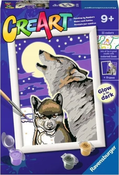Set pikturimi me numra Ravensburger CreArt Mystical Wolves, bojra akrilike, për kalamaj 9+, shumëngjyrësh