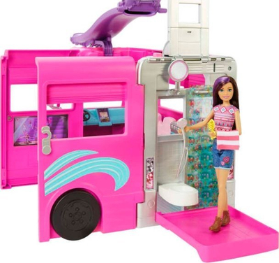 Set lodër Barbie Dream Camper, kamper transformues, me mbi 60 aksesorë, rozë