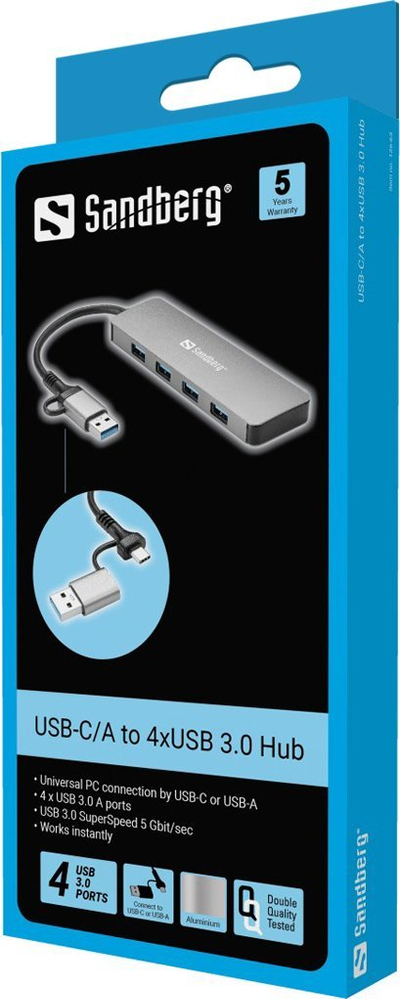 Hub USB Sandberg, USB C dhe USB A në 4 porta USB 3.0, gri