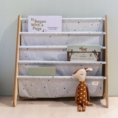 Raft librash për kalamaj 3 Sprouts Book Rack, pëlhurë e ricikluar, 62 x 25 x 61 cm, gri e hapur terrazzo
