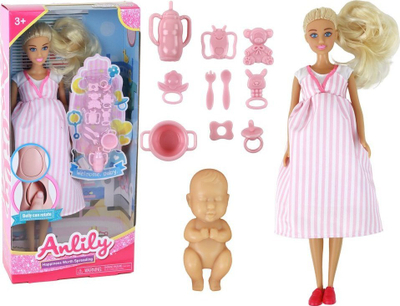 Kukull Anlily Mom Doll, shtatzënë me bark që hiqet, me bebe dhe gjëra shoqëruese, me fustan rozë