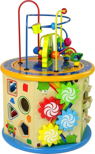 Kub druri Big Round Bead, lodër edukative shumëngjyrëshe, kub multifunksional me abakus edhe labirint