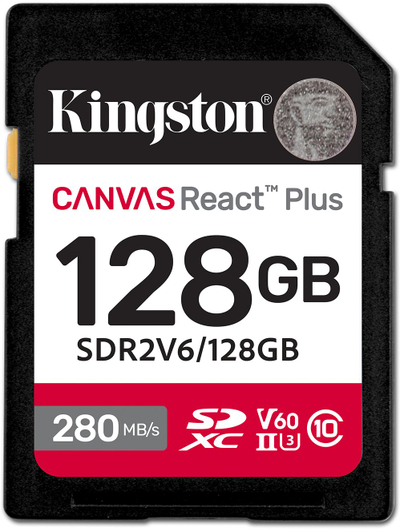 Kartë memorie Kingston Canvas React Plus 128GB, SDXC UHS-II U3 V60 A1, e zezë