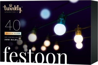 Zinxhir dritash LED Twinkly Festoon Gold Edition, 40 LED, Bluetooth dhe WiFi, e bardhë që e çon si të ngrohtë, si të ftohtë
